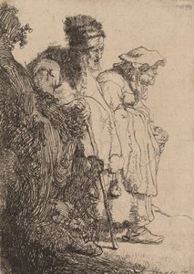 Mendigo e mulher atrás de um banco, c. 1630. de Rembrandt van Rijn