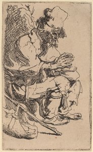Mendigo sentado aquecendo as mãos em um prato de atrito de Rembrandt van Rijn