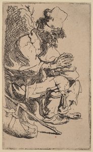 Mendigo sentado a aquecer as mãos junto a um aquecedor de comida de Rembrandt van Rijn