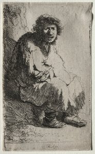 Mendigo sentado em um banco de Rembrandt van Rijn