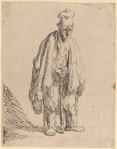 Mendigo em um boné alto, em pé e apoiado em uma vara de Rembrandt van Rijn