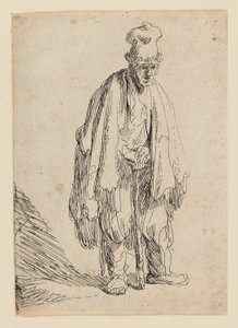 Mendigo em um boné alto, em pé e apoiado em uma vara de Rembrandt van Rijn