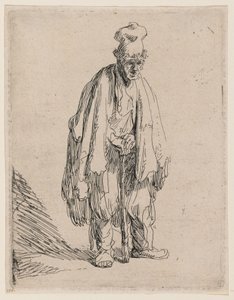 Mendigo com boné de pala alta, de pé e apoiado numa bengala de Rembrandt van Rijn