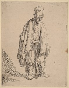 Mendigo com boné de pala alta, de pé e apoiado numa bengala de Rembrandt van Rijn