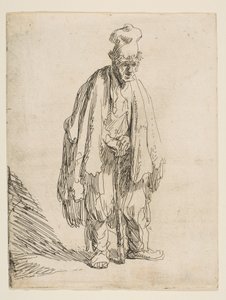 Mendigo de boné alto, de pé e apoiado em uma vara, ca. 1629 de Rembrandt van Rijn