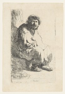 Mendigo sentado em um banco, 1630 de Rembrandt van Rijn
