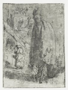 Mendigo com uma cabana e duas figuras ao fundo de Rembrandt van Rijn