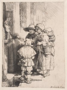 Mendigos a receber esmolas à porta de uma casa de Rembrandt van Rijn