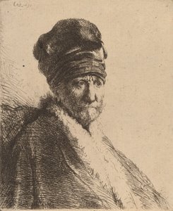 Busto de um homem vestindo um boné alto, três quartos à direita do pai do artista, 1630. de Rembrandt van Rijn