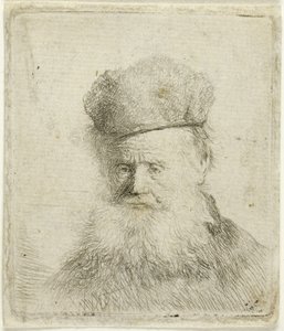 Busto de um velho com gorro de pele e barba esvoaçante, quase todo o rosto de Rembrandt van Rijn