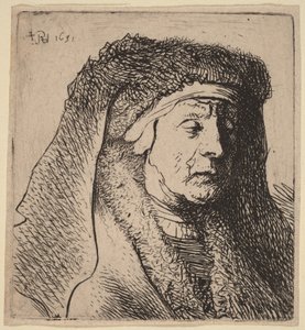 Busto de uma mulher idosa com um manto forrado a pele e um toucado pesado de Rembrandt van Rijn