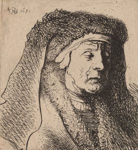 Busto de uma velha em um manto de pele e cocar pesado, 1631. de Rembrandt van Rijn