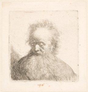 Busto de um homem idoso com barba esvoaçante: cabeça quase ereta; olhos baixos; o olhar ligeiramente virado para a esquerda de Rembrandt van Rijn