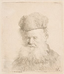 Busto de um homem idoso com gorro de pele e barba esvoaçante: quase de frente: olhar direto de Rembrandt van Rijn