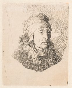 Busto de uma mulher idosa com um cocar alto preso à volta do queixo de Rembrandt van Rijn