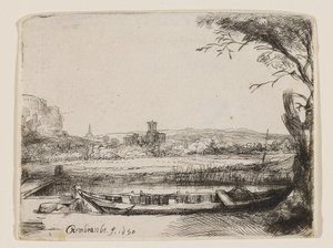 Canal com um grande barco e uma ponte de Rembrandt van Rijn