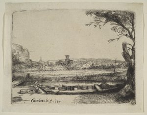 Canal com um grande barco e uma ponte, 1650. de Rembrandt van Rijn