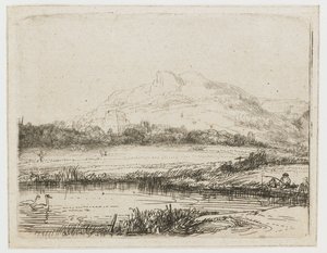 Canal com um pescador e dois cisnes Canal com um pescador e dois cisnes de Rembrandt van Rijn
