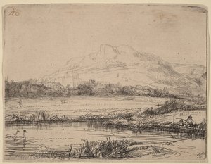Canal com um pescador e dois cisnes de Rembrandt van Rijn