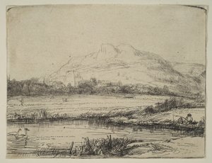 Canal com um pescador e duas cisnes, 1650. de Rembrandt van Rijn