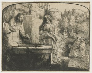 Cristo e a Mulher de Samaria Cristo e a mulher de Samaria: uma gravura em arco de Rembrandt van Rijn