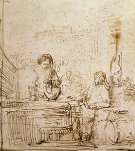 Cristo e a Mulher de Samaria (caneta e tinta marrom no papel) de Rembrandt van Rijn