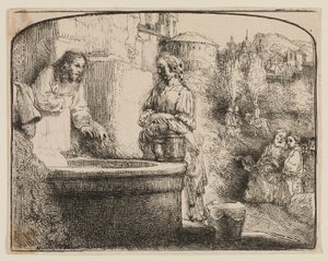 Cristo e a mulher de Samaria: uma gravura em arco de Rembrandt van Rijn