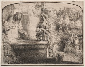 Cristo e a mulher de Samaria: uma gravura em arco de Rembrandt van Rijn