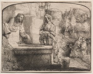 Cristo e a mulher de Samaria: uma cópia arqueada, 1657-58. de Rembrandt van Rijn