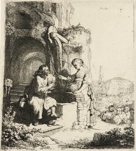 Cristo e a mulher de Samaria entre as ruínas [João 4:5-20], 1634. de Rembrandt van Rijn