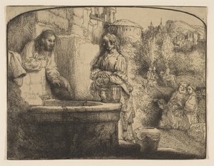Cristo e a mulher de Samaria: uma impressão em arco, 1658. de Rembrandt van Rijn