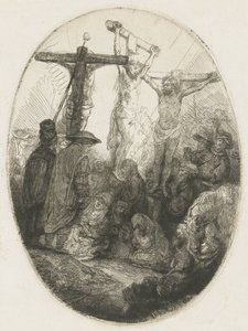Cristo crucificado entre os dois ladrões: uma placa oval de Rembrandt van Rijn