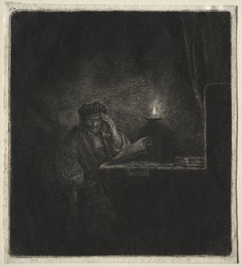 Cópia de Aluno em uma mesa à luz de velas de Rembrandt van Rijn