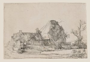 Casa de campo e edifícios agrícolas com um homem a desenhar de Rembrandt van Rijn