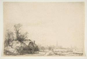 Casa de campo ao lado de um canal com vista para Ouderkerk, ca. 1641. de Rembrandt van Rijn