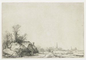 Casa de campo ao lado de um canal com vista para Ouderkerk de Rembrandt van Rijn