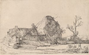Casas de campo e prédios de fazenda com um homem desenhando, c. 1645. de Rembrandt van Rijn