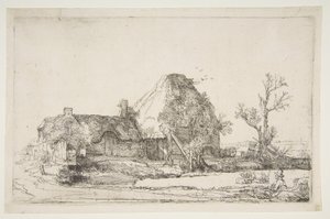 Casas de campo e prédios de fazenda com um homem desenhando, ca. 1645. de Rembrandt van Rijn