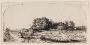 Casas de campo e um celeiro de feno no Diemerdijk com um rebanho de ovelhas de Rembrandt van Rijn
