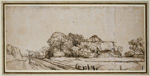 Edifícios agrícolas ao lado de uma estrada (caneta e tinta marrom com lavagem marrom)