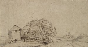Fazenda de construção ao lado de uma estrada com distante fazenda, 1650-69 (caneta & tinta marrom com lavagem cinza no papel) de Rembrandt van Rijn
