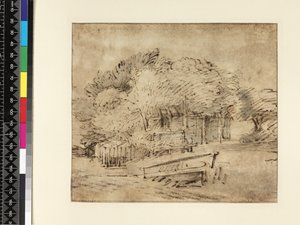Quinta sob árvores, com uma passarela, c.1650 (caneta e tinta com papel) de Rembrandt van Rijn