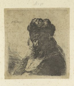 Velho barbudo com chapéu de pêlo alto e olhos fechados
Recueil de quatre-vingt-cinq estampes originales (título da série) de Rembrandt van Rijn