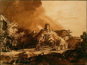 Casas sob um céu tempestuoso de Rembrandt van Rijn