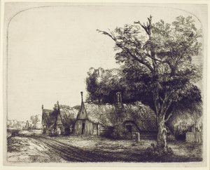 Paisagem com Chalés Gabled ao lado de uma estrada, 1650 (gravura e ponto seco no papel) de Rembrandt van Rijn