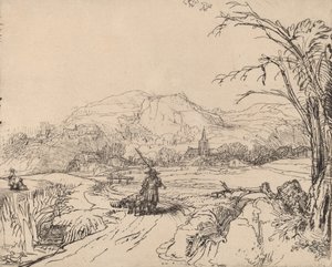 Paisagem com desportista e cão, c. 1653. de Rembrandt van Rijn