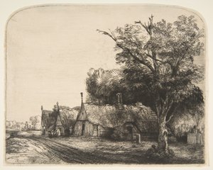 Paisagem com três cabanas de duas águas ao lado de uma estrada, 1650. de Rembrandt van Rijn