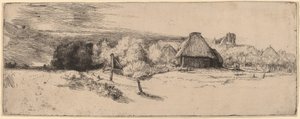 Paisagem com árvores, edifícios agrícolas e uma torre de Rembrandt van Rijn