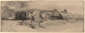 Paisagem com árvores, edifícios agrícolas e uma torre de Rembrandt van Rijn