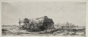 Paisagem com uma casa de campo e celeiro de feno: oblongo de Rembrandt van Rijn